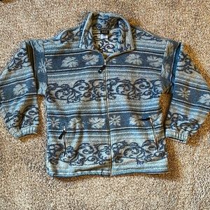 HELLY HANSEN Blue Print Fleece Zip Up Jacket GUC Sz XL Pockets & Drawstring Hem
